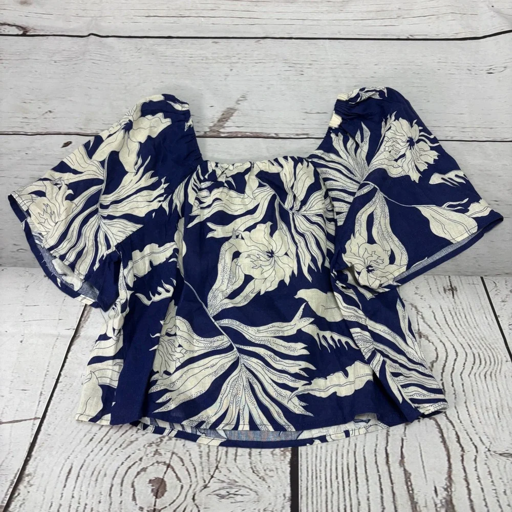 Rachel Zoe Womens Navy White Floral Linen Blend Square Neck Crop Top NWT Small